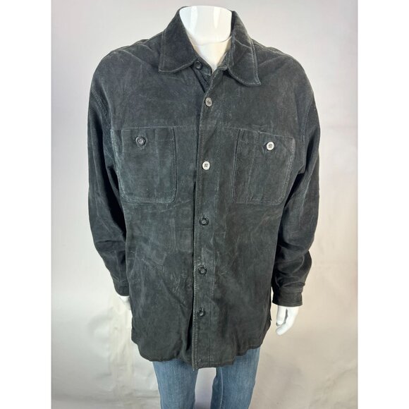 Claiborne Mens Large Suede Leather Button-Up Shirt Jacket Black - Picture 1 of 16